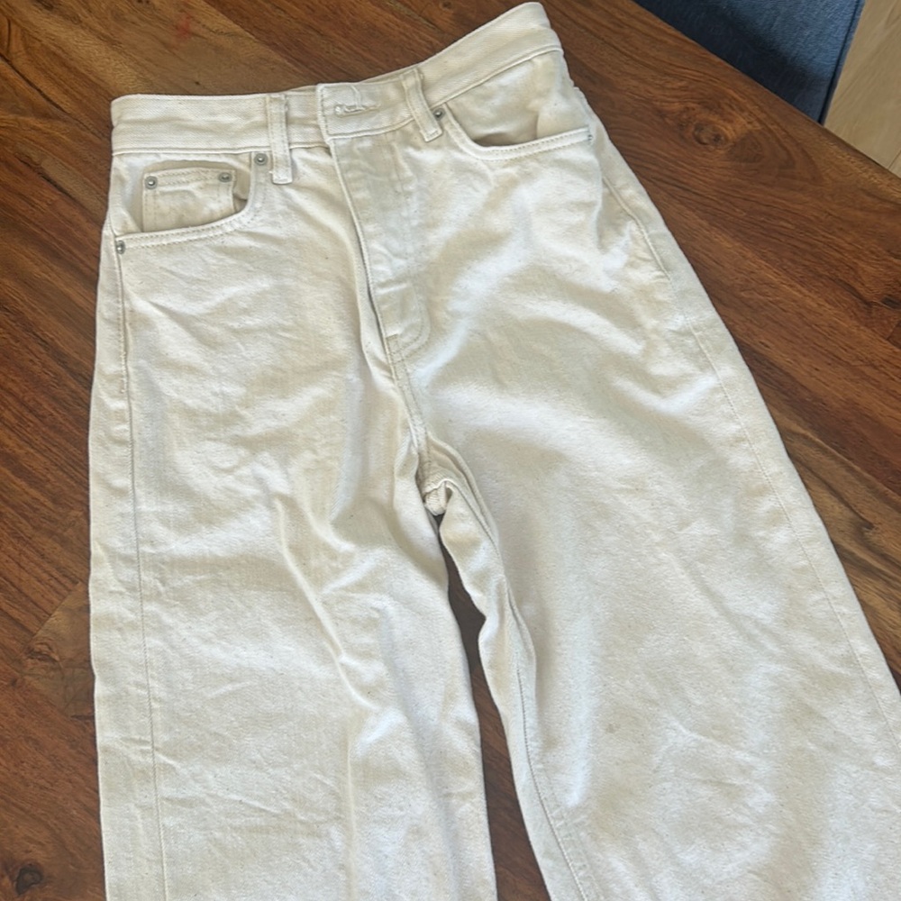 Zara oatmeal colored high waist wide leg jeans.